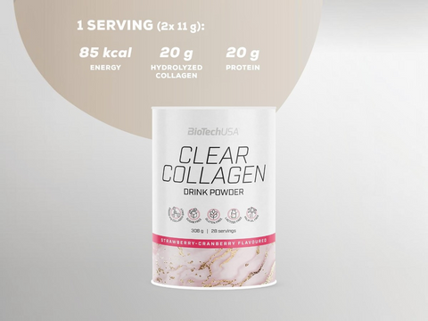 Clear Collagen Drink Powder package with nutritional information on a light gray background