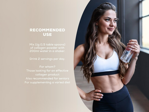 Woman in athletic wear holding a water bottle with text about collagen powder use.