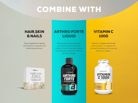 Three supplement products with descriptive text on a divided background.