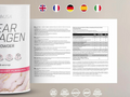 Supplement powder container with nutritional information sheet on a beige background