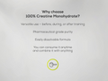 Text explaining the benefits of 100% Creatine Monohydrate on a gray background