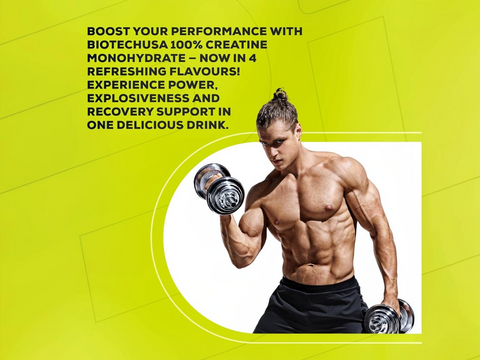Muscular man lifting weights with promotional text for Biotechusa creatine on a green background