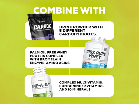 Supplement products including Carbox drink powder, One-A-Day multivitamin, and a whey protein complex on a green background.