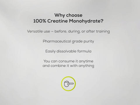 Text explaining the benefits of 100% Creatine Monohydrate on a gray background