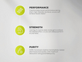 Infographic detailing the benefits of creatine on performance, strength, and purity with green icons and black text.