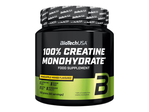BiotechUSA 100% Creatine Monohydrate supplement container on a white background