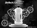 BioTechUSA water bottle with muscular arms graphic on a dark background