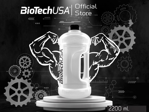 BioTechUSA water bottle with muscular arms graphic on a dark background
