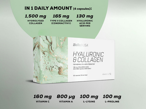 Box of Biotechs USA Hyaluronic & Collagen supplement on a gray background