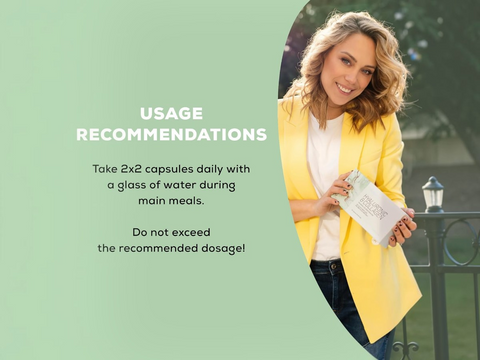 Woman holding a supplement container with usage recommendations text on a green background