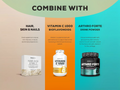 Product display with 'Hair, Skin & Nails' supplement, Vitamin C 1000 Bioflavonoids, and Arthro Forte drink powder on a colorful background.