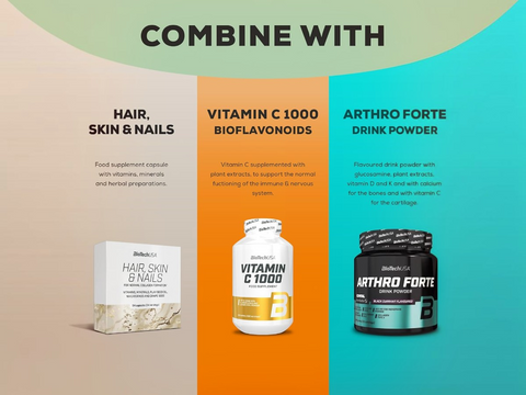 Product display with 'Hair, Skin & Nails' supplement, Vitamin C 1000 Bioflavonoids, and Arthro Forte drink powder on a colorful background.