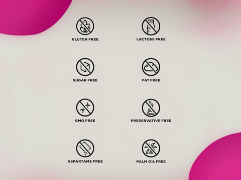 Various health宣称图标 on a pink and white background
