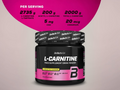 Biotech USA L-Carnitine supplement container with nutritional information on a pink and gray background