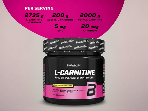 Biotech USA L-Carnitine supplement container with nutritional information on a pink and gray background