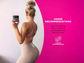Woman holding a supplement container with usage recommendations on a pink background