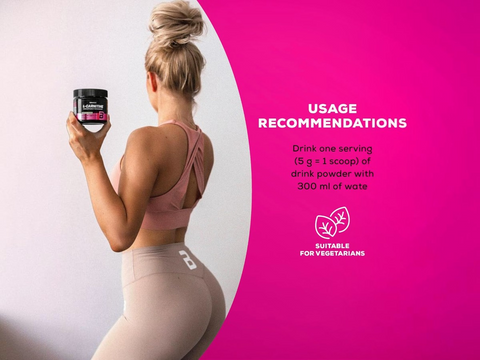 Woman holding a supplement container with usage recommendations on a pink background