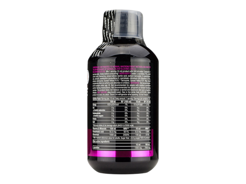 Black supplement bottle with nutritional information on a white background