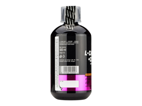 Bottle of L-Carnitine supplement with black and purple design on a white background