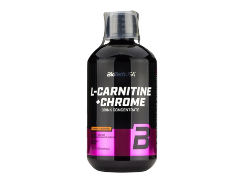 Bottle of L-Carnitine + Chrome supplement concentrate on a white background