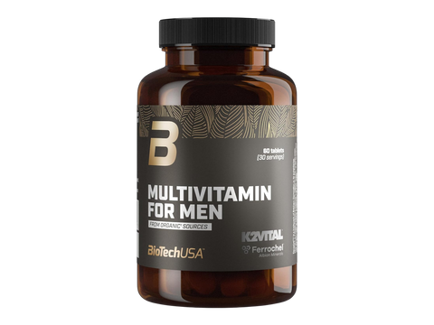 Brown supplement bottle labeled 'Multivitamin for Men' by BiotechUSA on a white background