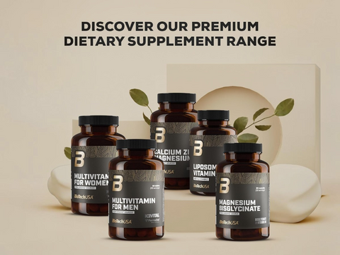 Collection of dietary supplement bottles with a neutral background