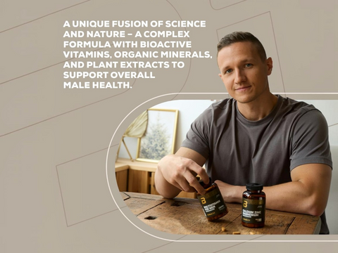 Man holding a bottle of a supplement with text about its benefits on a neutral background