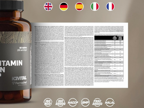 Vitamin supplement bottle with a detailed label and certification logos on a beige background