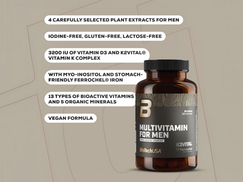 Multivitamin bottle for men with product details on a beige background