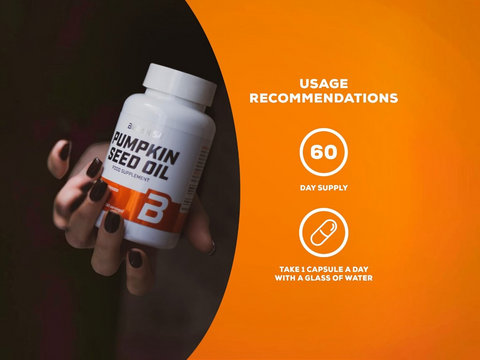 Pumpkin seed oil supplement bottle held by a hand with usage recommendations on an orange background