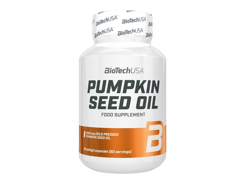 BiotechUSA pumpkin seed oil supplement bottle on a white background