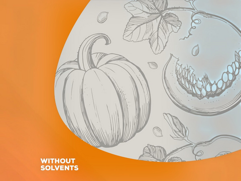 Illustration of a pumpkin and tomatoes on an orange background with text 'Without Solvents'.