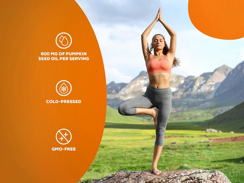 Woman practicing yoga in a mountainous landscape with pumpkin seed oil product details on an orange background.
