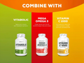 Three supplement bottles labeled 'Vitabolic', 'Mega Omega 3', and 'Vitamin C 1000' on a colorful background.
