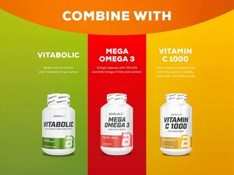 Three supplement bottles labeled 'Vitabolic', 'Mega Omega 3', and 'Vitamin C 1000' on a colorful background.