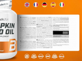 Supplement bottle labeled 'Pumpkin Seed Oil' with a detailed supplement facts label on an orange background.