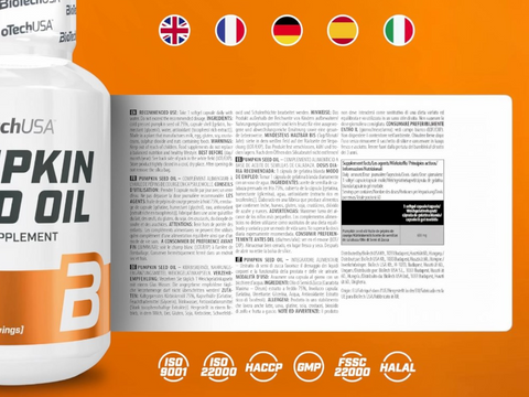 Supplement bottle labeled 'Pumpkin Seed Oil' with a detailed supplement facts label on an orange background.