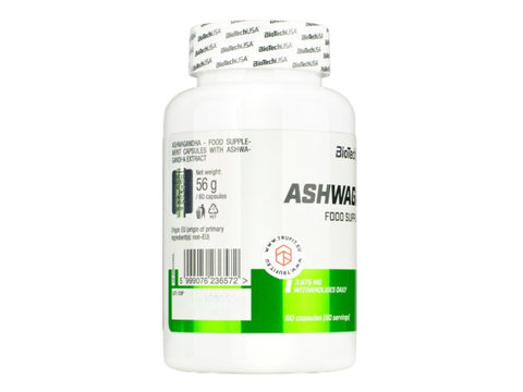 Biotech USA Ashwagandha supplement bottle on a white background