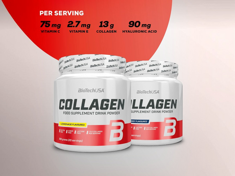 Two containers of BiotechUSA Collagen supplement drink powder with nutritional information on a light gray background.