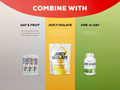 Product packaging with 'Juicy Isolate' and 'One-A-Day' on a colorful background