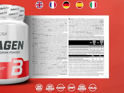 Bulking agent drink powder container with nutritional information on a red background