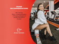 Woman sitting on a bench in a gym with collagen powder packaging and usage recommendations text overlay.