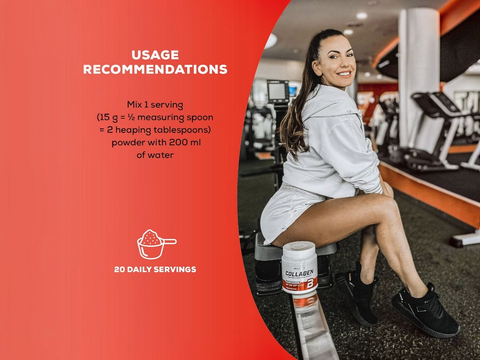 Woman sitting on a bench in a gym with collagen powder packaging and usage recommendations text overlay.