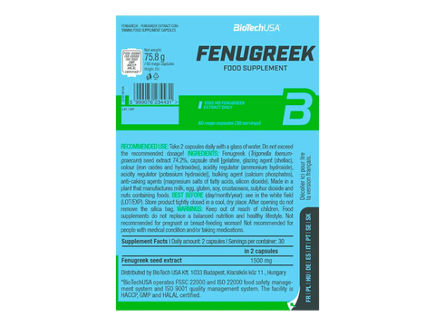 BiotechUSA Fenugreek food supplement packaging with blue and green design.