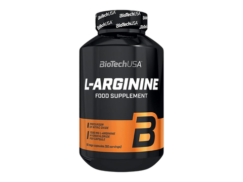 Black supplement bottle labeled 'L-Arginine' by BiotechUSA on a white background