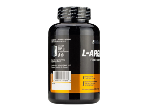 Black supplement bottle labeled 'L-Arginine' on a white background