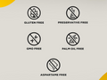 Icons indicating gluten-free, preservative-free, GMO-free, palm oil-free, and aspartame-free products on a light gray background.