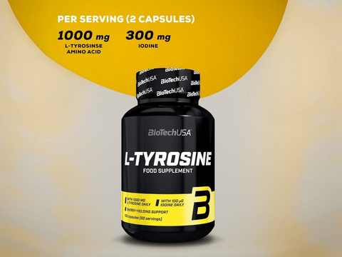 BiotechUSA L-Tyrosine supplement bottle with nutritional information on a yellow and beige background