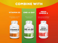 Three supplement bottles labeled Vitamin D3, One-A-Day, and Mega Omega 3 on a colorful background.