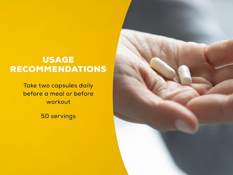 Hand holding two capsules with usage recommendations text on a yellow background